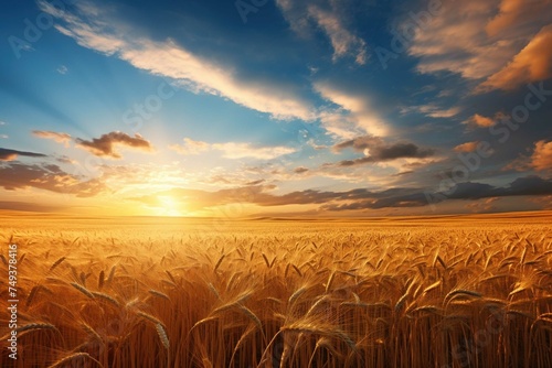 Cumulus clouds over golden wheat fields at sunset