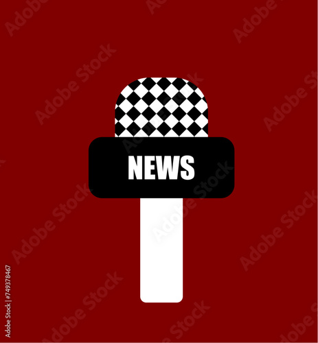 Reporter microphone of  news agency isolated on red background background 