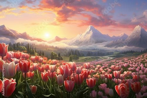 Dawn breaking over a tulip valley, each flower bud gently closed #749378483
