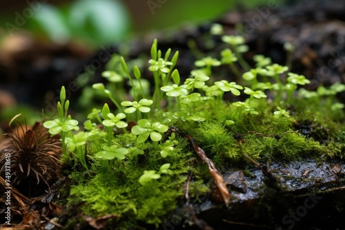 Densely packed liverwort thalli on a moist forest floor photo