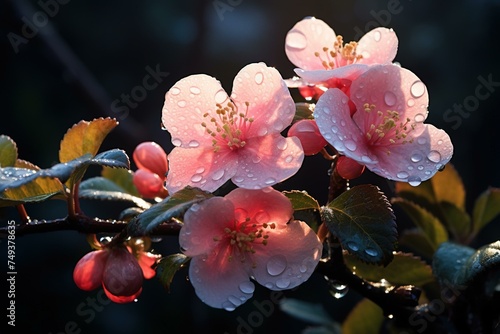 Dew-soaked leaves of a flowering quince at dawn photo