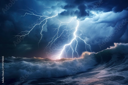 Flash of lightning over tumultuous ocean waves