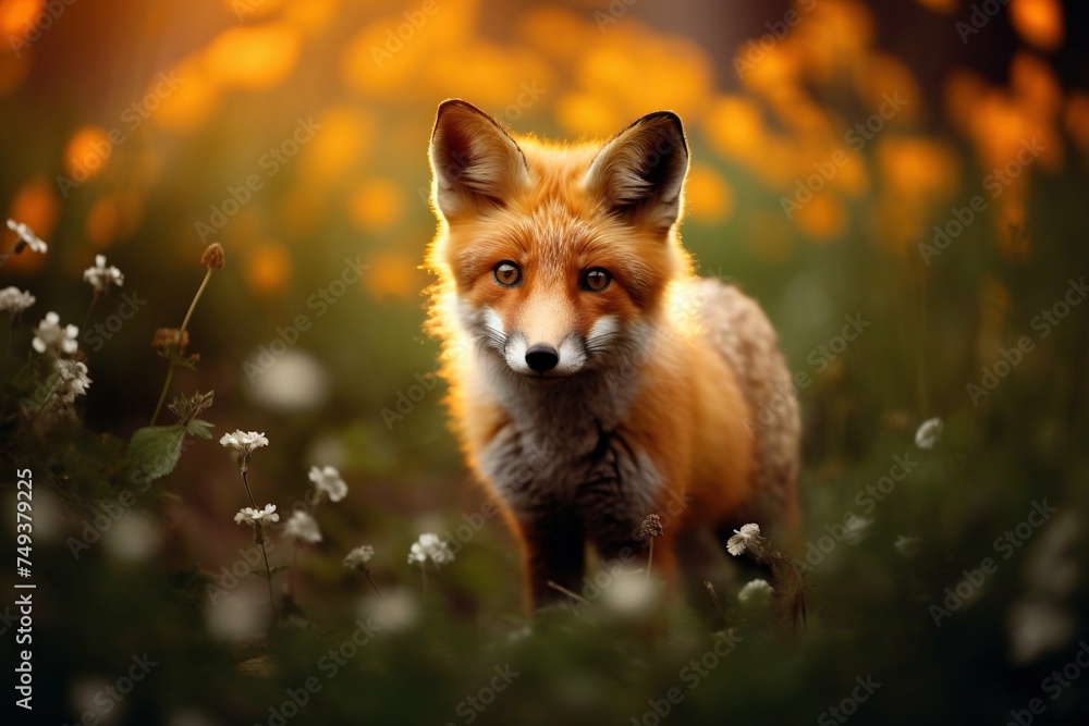 Fox prowling in a meadow with a soft focus on nocturnal flowers