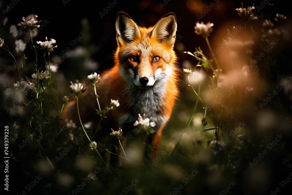 Fox prowling in a meadow with a soft focus on nocturnal flowers