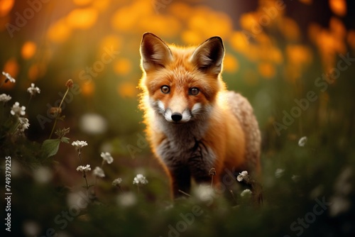 Fox prowling in a meadow with a soft focus on nocturnal flowers