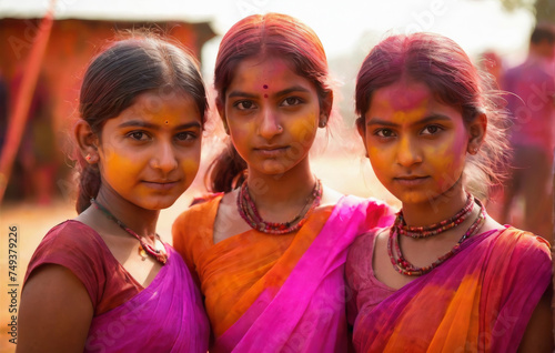 group of three Indian girls at the Holi Festival created with Generative AI technology © Edi