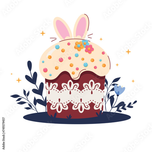 Easter card with bunny and eggs. Easter card with easter cake, eggs and flowers.  Easter elements. Cute Easter illustration. For poster, card, scrapbooking , stickers.