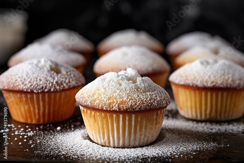 Fresh vanilla muffins dusted with powdered sugar