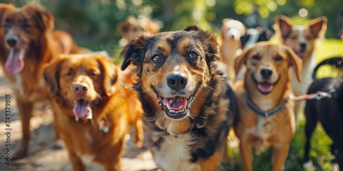 Skilled, content dog walkers lead several dogs. Generative Ai