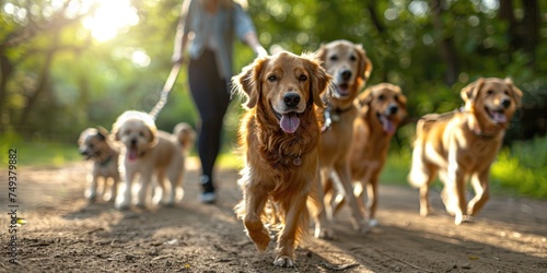 Skilled, content dog walkers lead several dogs. Generative Ai