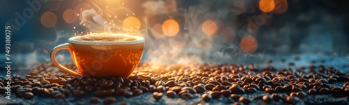a cup of coffee sitting in the middle of coffee beans, in the style of realistic still lifes with dramatic lighting, smokey background, photo-realistic © jp