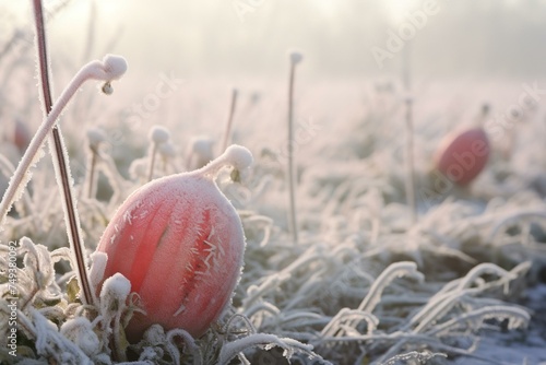 Frosted watermelon in a winter setting with mist photo