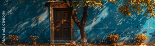 a tree is growing near a Persian door on a house, beautiful dappled sunlight --ar 10:3 --style raw --stylize 750 Job ID: 72bcc3ab-d0d3-4b2c-97db-9128d7c4e00b