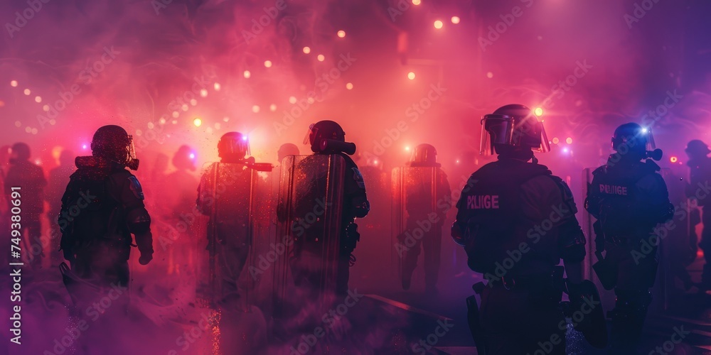 The anti government demonstrators confront the Riot Police. Generative Ai - obrazy, fototapety, plakaty 