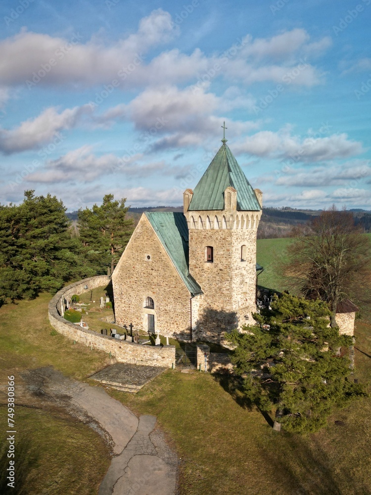 Old stone church, view from above, Czech -Moravian Highlands, Czech Republic