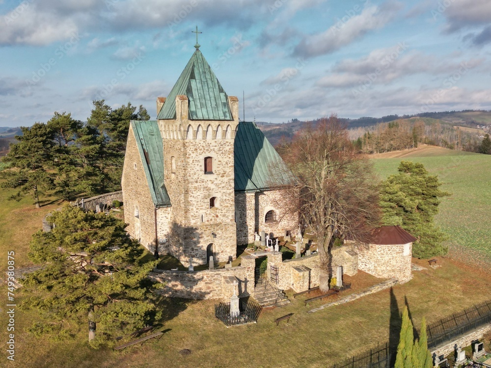 Old stone church, view from above, Czech -Moravian Highlands, Czech Republic