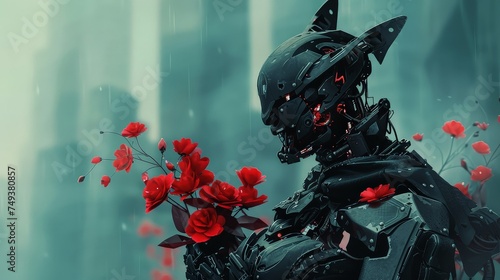 Sharp edged Gargoyle robot in black red flowers in grip set against the blur of a cybernetic warzone photo