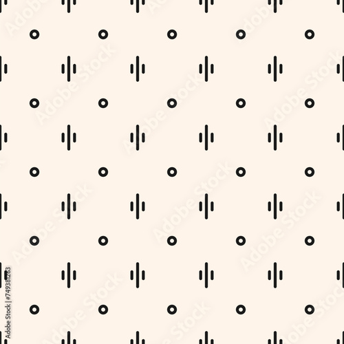 Simple vector minimalist background. Stylish modern geometric seamless pattern with small shapes, lines, circles. Subtle abstract black and white texture. Funky minimal monochrome repeated geo design