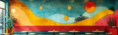 A colorful mural of a mountain landscape with a pink floor and blue tables and chairs in front of it