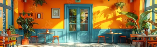 A brightly lit room with blue and orange walls, plants, and tables and chairs. photo