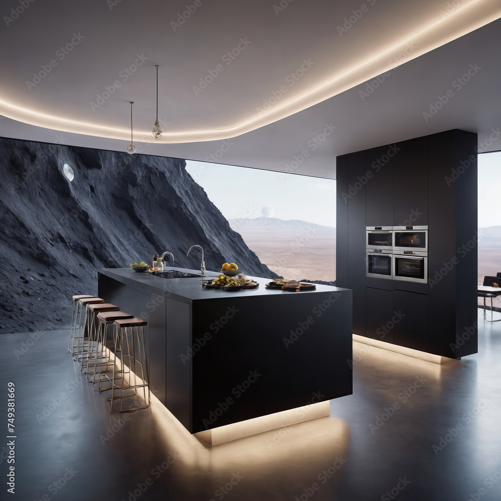 interior design, a modern futuristic kitchen on the moon, moon crater, moon rocks, surreal design, modern, architecture concept, creative building - obrazy, fototapety, plakaty 