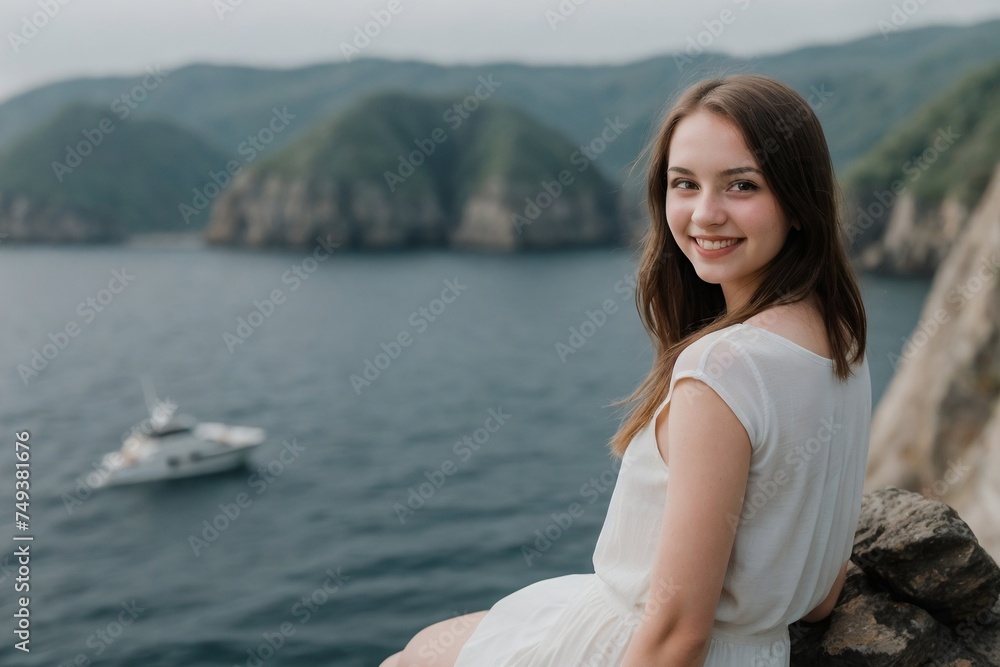 Beautiful young girl perched atop a high rock above the sea with copy space. Holiday Travel Concept.