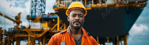 an black skin oil rig worker in orange overalls with an oil rig in the background 