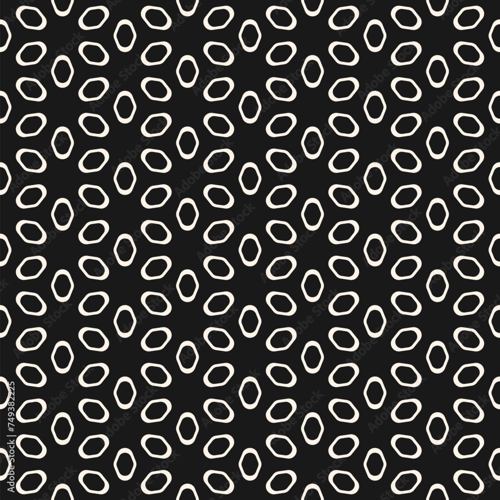 Vector floral minimalist seamless pattern. Black and white abstract geometric background with simple outline flower silhouettes, petals, leaves. Minimal ornament texture. Monochrome repeat dark design Vector floral minimalist seamless pattern. Black and white abstract geometric background with simple outline flower silhouettes, petals, leaves. Minimal ornament texture. Monochrome repeat dark design