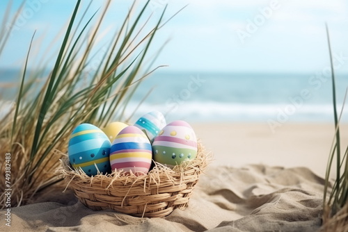 Fototapeta Naklejka Na Ścianę i Meble -  Decorated painted easter eggs in wicker basket at the sand sea beach among grass. Copy space	