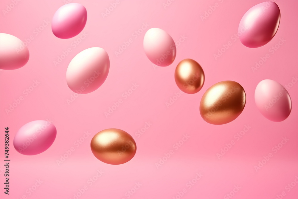 Easter pink wallpaper with eggs of pink and gold color. Copy space Easter pink wallpaper with eggs of pink and gold color. Copy space
