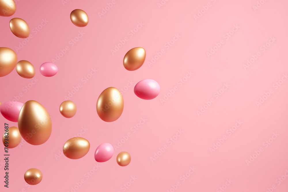 Festive Easter pink background with flying eggs of pink and gold color. Copy space Festive Easter pink background with flying eggs of pink and gold color. Copy space