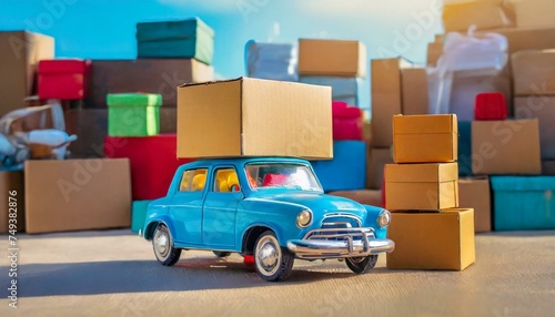 Playful Delivery: Blue Toy Car with Box on Roof and Stack of Boxes