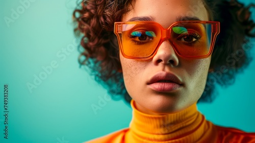 Fashionable Young Woman with Curly Hair and Orange Sunglasses on Teal Background - Portrait of Stylish Female