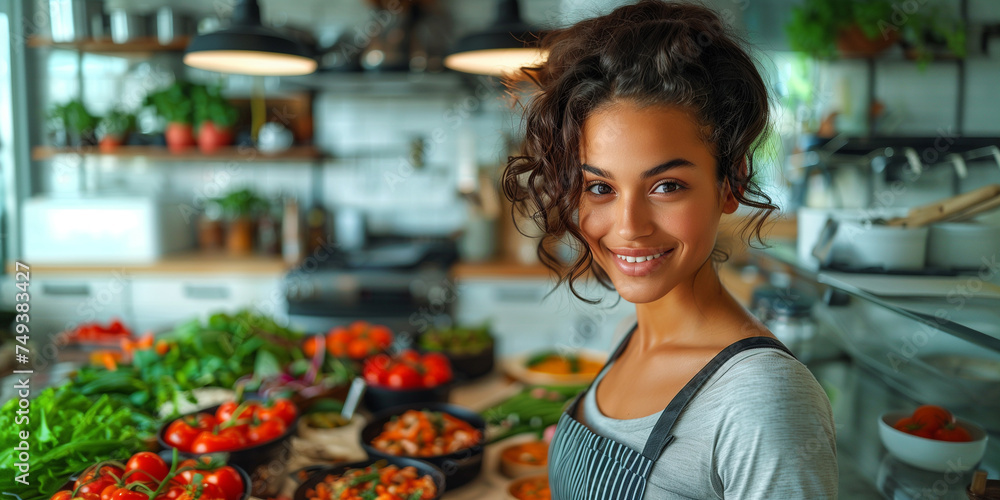 Health-conscious young beauty in a stylish, white kitchen, making a nutritious meal with grace Health-conscious young beauty in a stylish, white kitchen, making a nutritious meal with grace