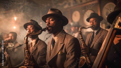 Vintage Jazz Band Performing Live in Smoke-Filled Room with Saxophone Soloist and Double Bass Player in Classic Hats photo