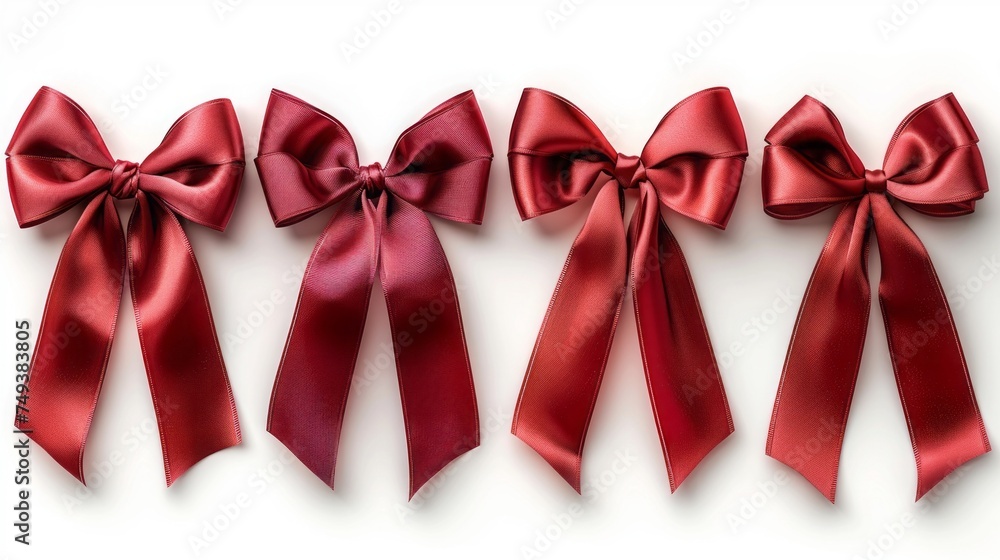 Set of six red ribbon satin bows isolated on white Set of six red ribbon satin bows isolated on white