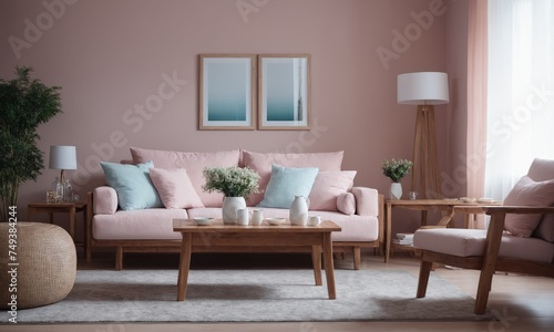 Living room with pink sofa and wooden coffee table, 3d render © Andrey