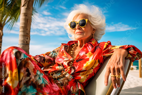Beautiful, rich elderly woman in sunglasses and dress relaxing on the beach, portrait, bottom view