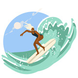Girl, woman surfing, summer water sports. Flat graphic vector illustration isolated on white background