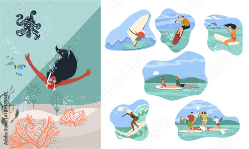 People doing summer water sports. Set of flat graphic vector illustrations isolated on white background, hand drawn.