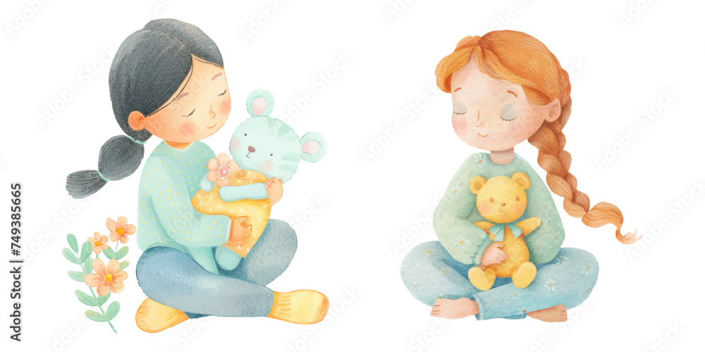 cute kid playing doll watercolour vector illustration cute kid playing doll watercolour vector illustration