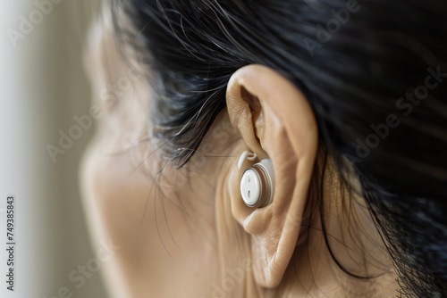 Hearing aid in the ear of an elderly woman close up photo