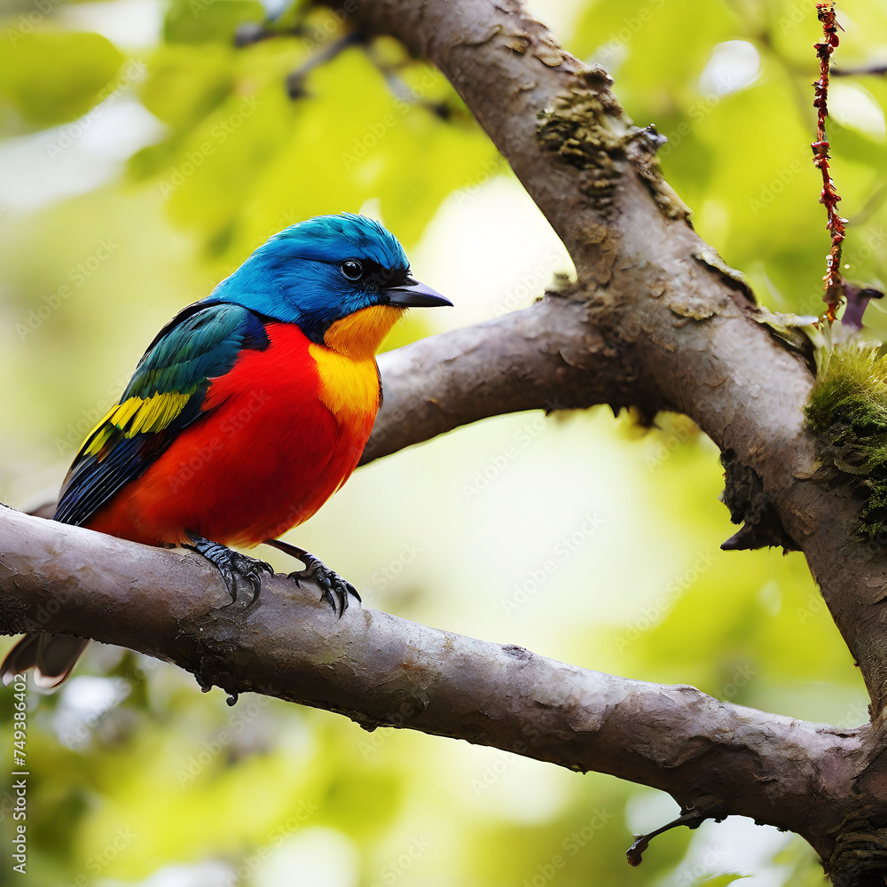 Obraz premium Multi colored bird perching on branch in forest generative AI.