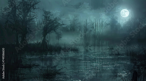 misty night at swamp horror background © AndoZenith