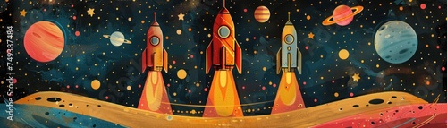 Vibrant Rockets. Space Exploration A Colorful Journey Through the Cosmos, Where Vibrant Rockets Soar Amongst the Stars, Creating a Playful and Futuristic Landscape