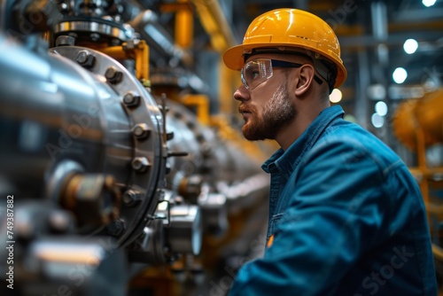 Industrial engineer in action at automated production line. A skilled expert manages a thorough inspection of production machinery in a high-tech manufacturing environment.