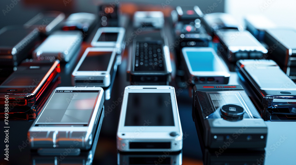 Trendy Handheld Tech Gadgets on Sleek Surface Trendy Handheld Tech Gadgets on Sleek Surface