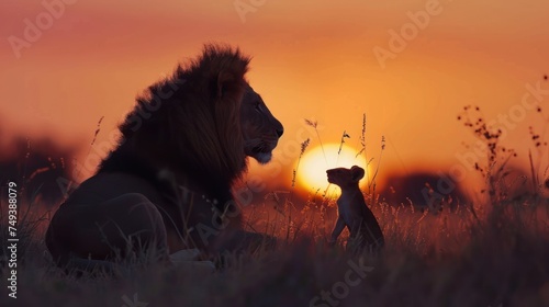 Lion and baby Dramatic in Wilderness Golden Glow of Sunset Illuminates the Majestic Silhouette of the King of Beasts