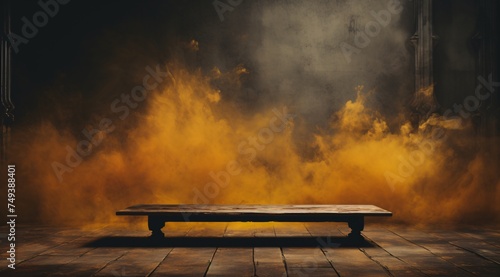 a wooden table on a brick floor with smoke in the background