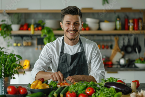 smiling young man on kitchen counter with vegetables preparing delicious food